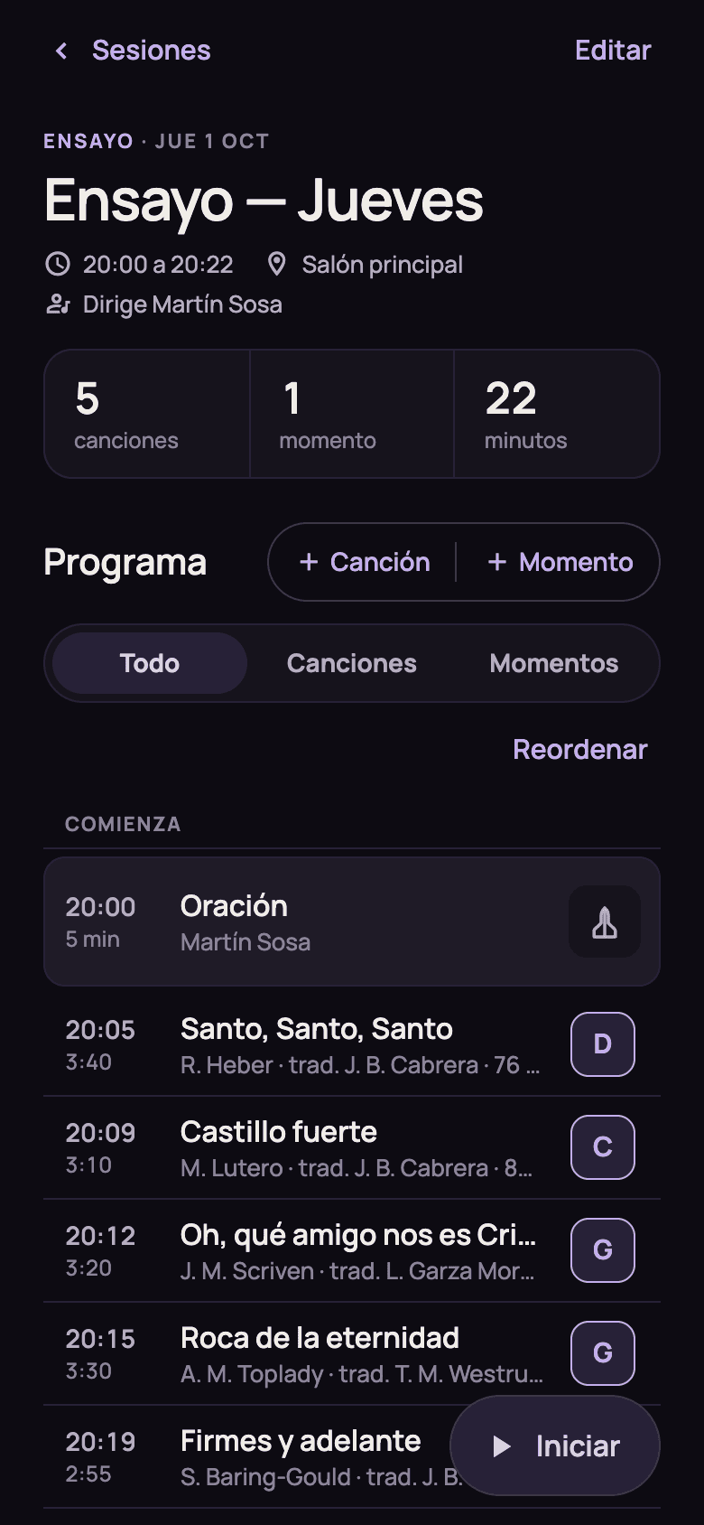 Programa de un ensayo en Sonli, en el celular
